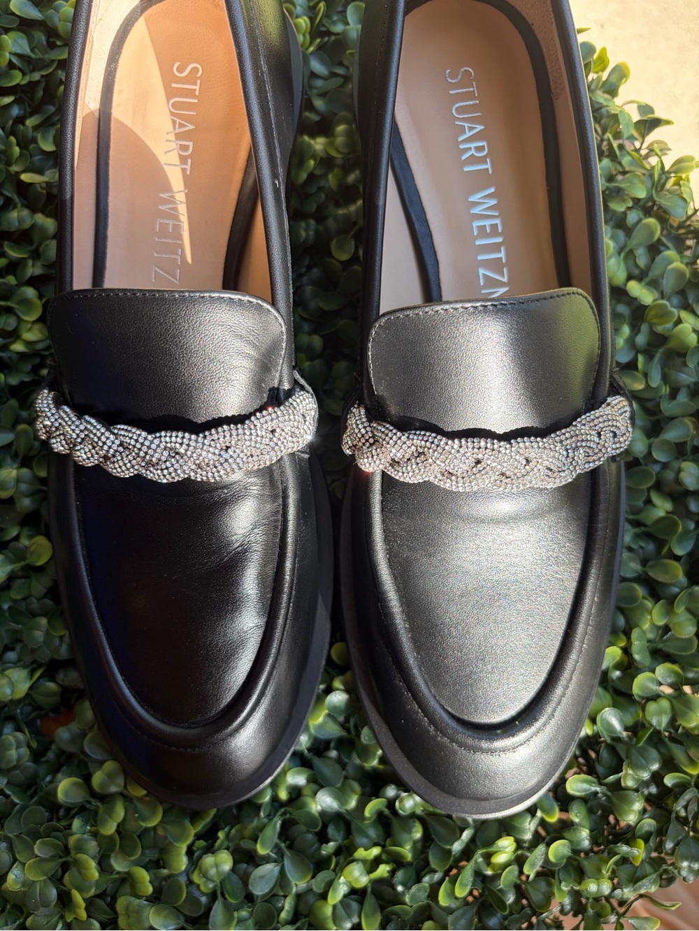 Stuart Weitzman Palmer Highshine Crystal Chain Loafer Black Leather 7.5